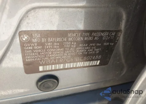 2011 BMW 535 I from USA, damaged, VIN WBAFR7C51BC802488